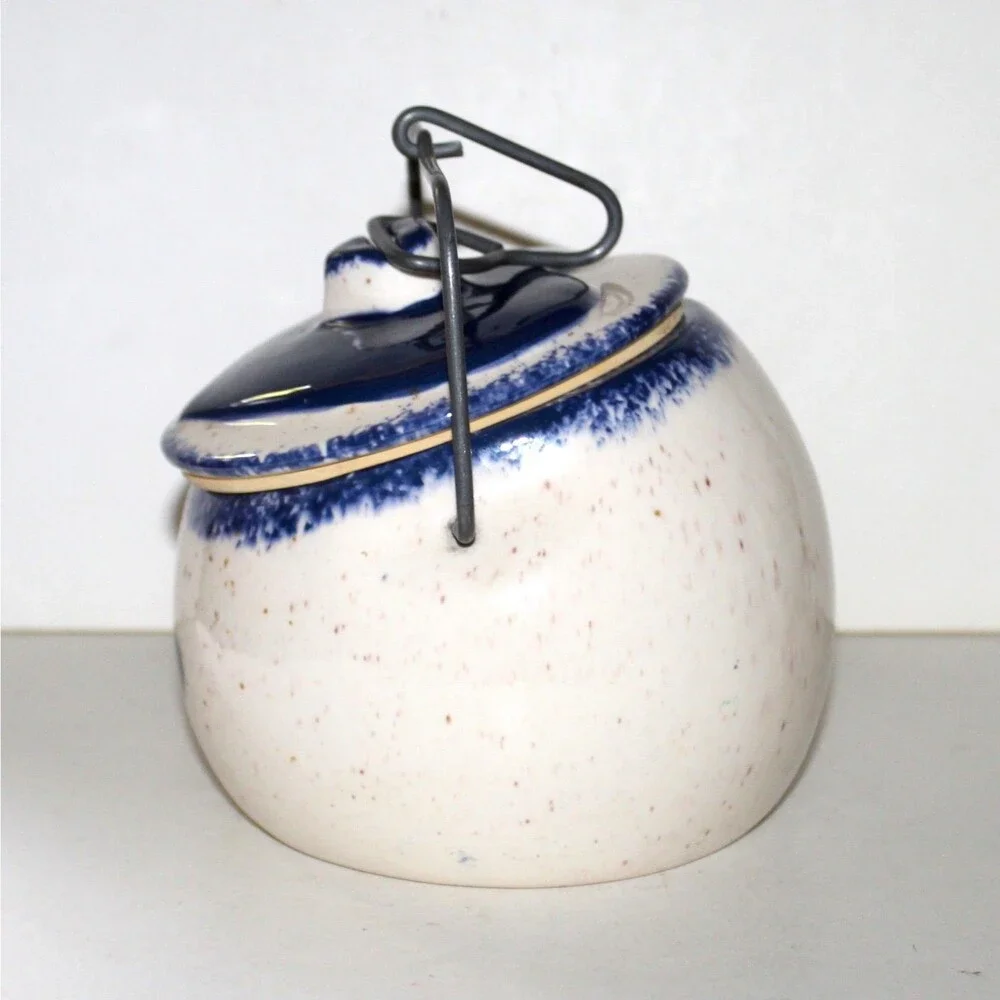Crock w Locking Lid Tilted Blue Heart canister ceramic farmhouse kitchen decor